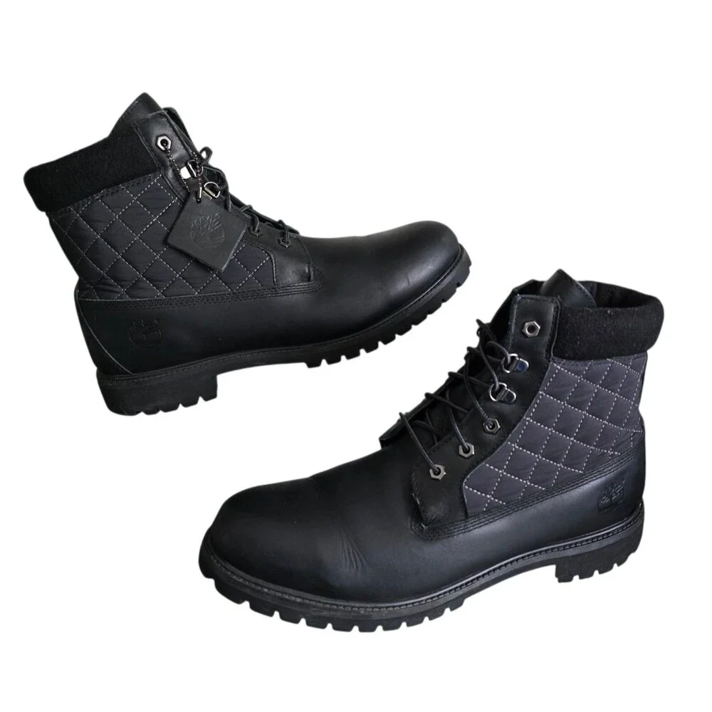 Timberland Boots Mens Size 13 Black Leather Quilted Lace Up Work Biker